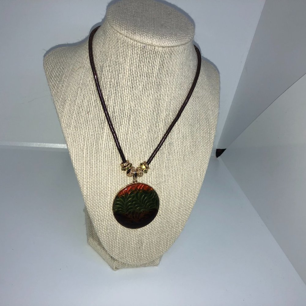 Vintage Necklace Green Orange Medallion Disc on Chain Estate Jewelry